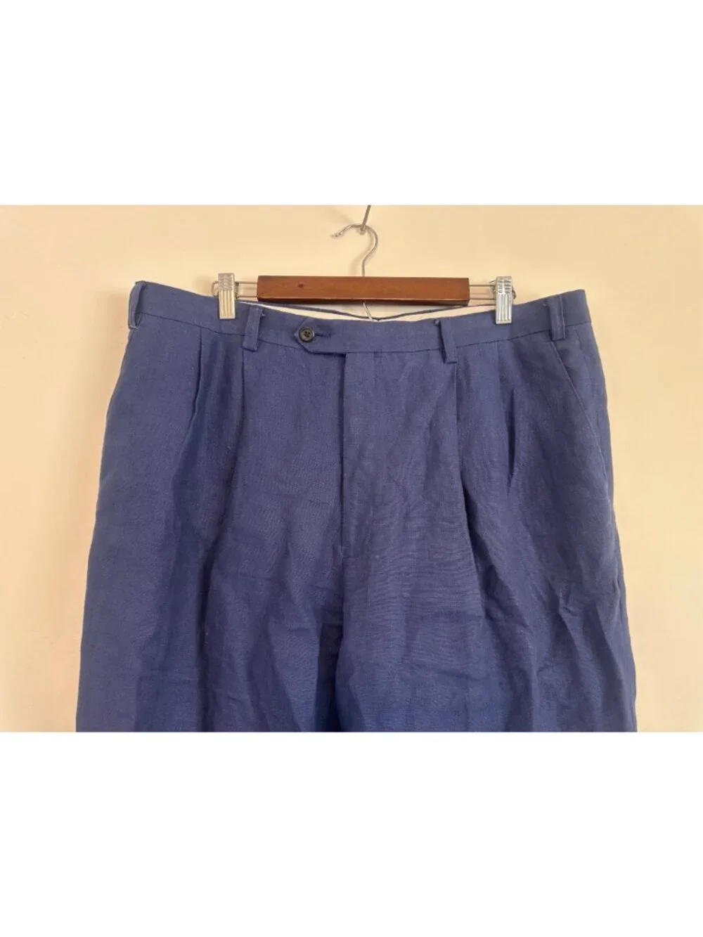 Ralph Lauren Linen Pleated Trousers Pants Men 38x30 Blue Wide Leg Preppy Coastal